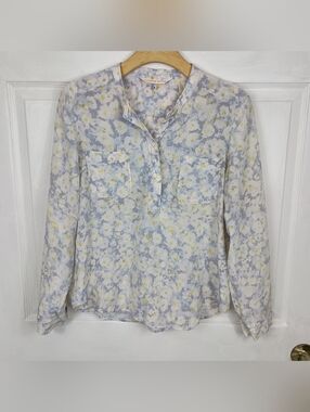 Rebecca Taylor 100% Silk Blouse 8 Womens Floral Henley Long Sleeve Pockets